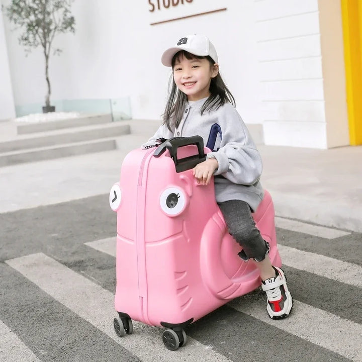 Child's sit-on scooter suitcase. Durable wheeled travel bag for kids' vacation adventures.