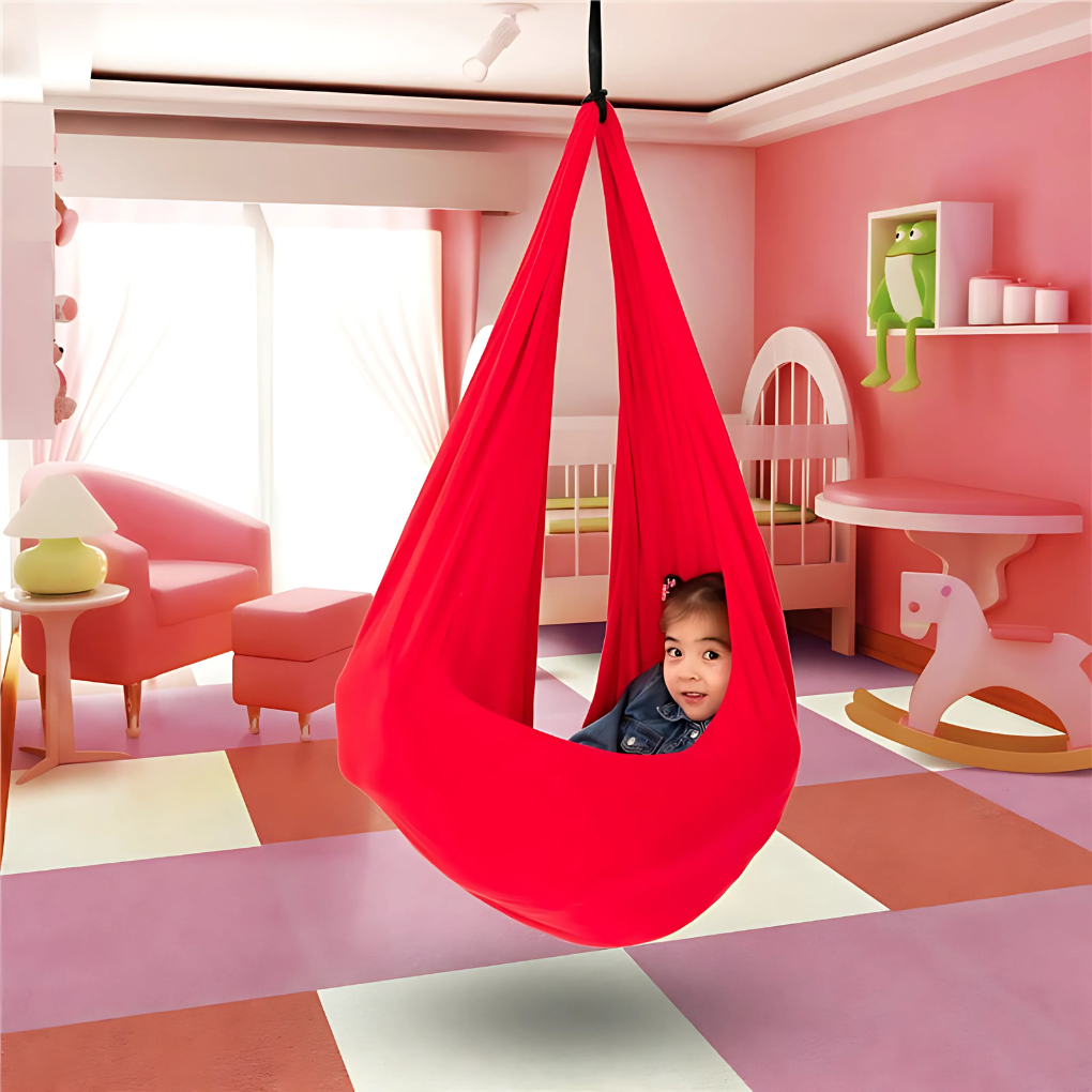 Kids sensory swing provides calming aid for special needs, autism, and ADHD support. Great for indoor use.