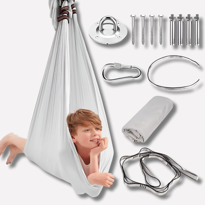 Polyester children's sensory swing for indoor play or outdoor relaxation. A calming aid for special needs.