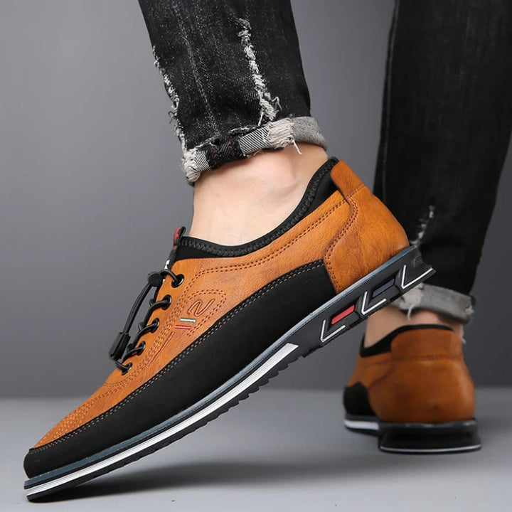 Mens dark brown leather lace-up oxford shoes with a polished finish, ideal for professional and formal wear.