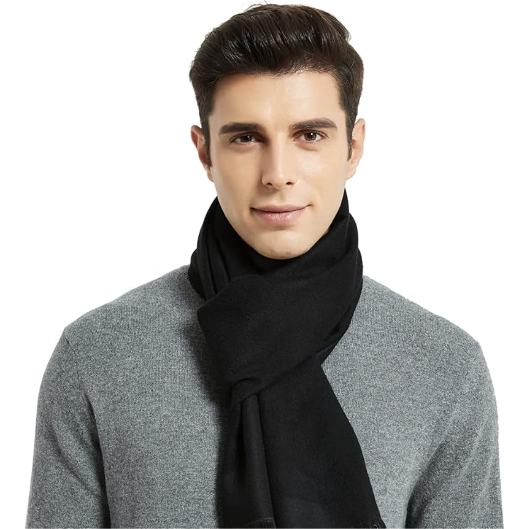Classic men's cashmere winter scarf, versatile & soft, elevating any cold weather men's fashion look.