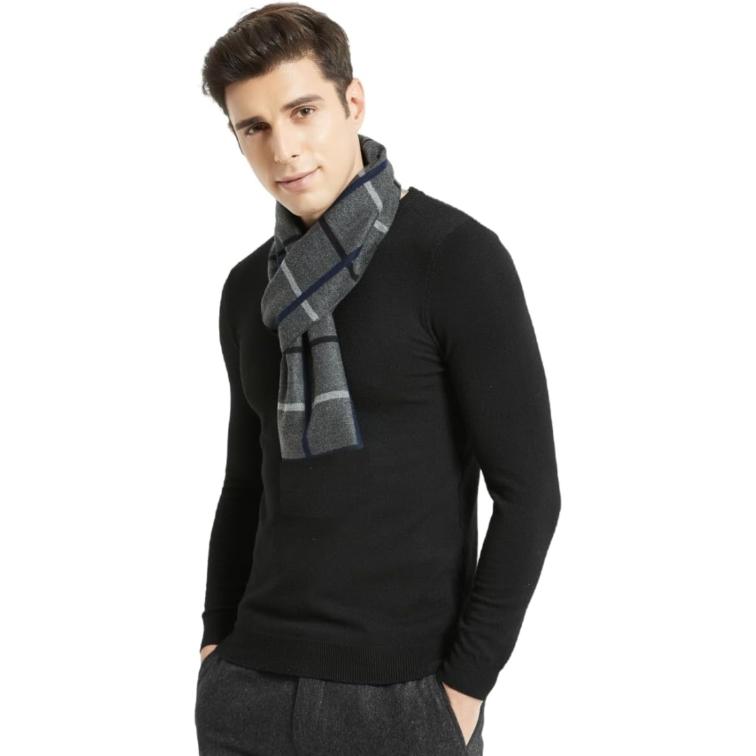 Soft men's light grey cashmere winter scarf, perfect for warmth and sophisticated cold weather fashion.