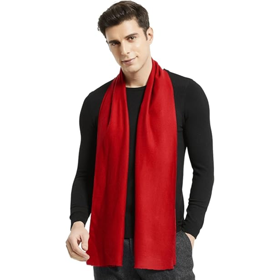 Warm beige men's cashmere scarf, a classic style male accessory for elegant cold weather outfits.