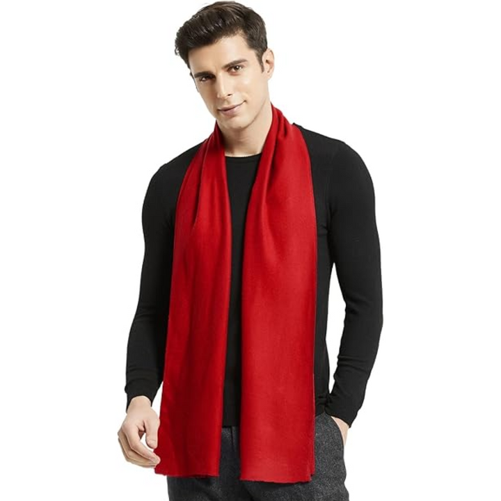 Warm beige men's cashmere scarf, a classic style male accessory for elegant cold weather outfits.