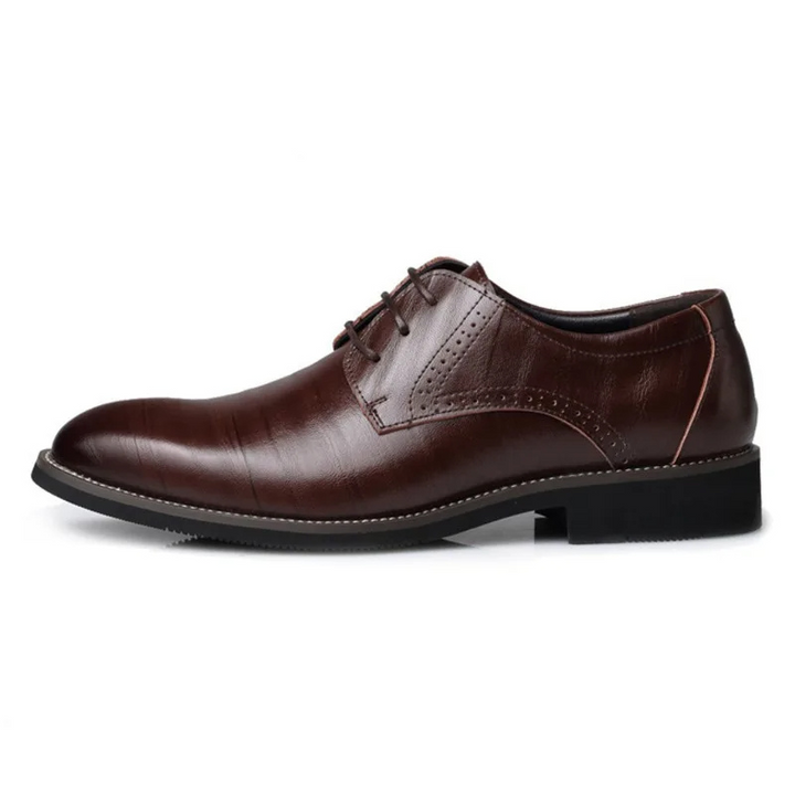 Elegant dark brown men's Oxford dress shoes. Formal lace-up style for business attire & special occasions.