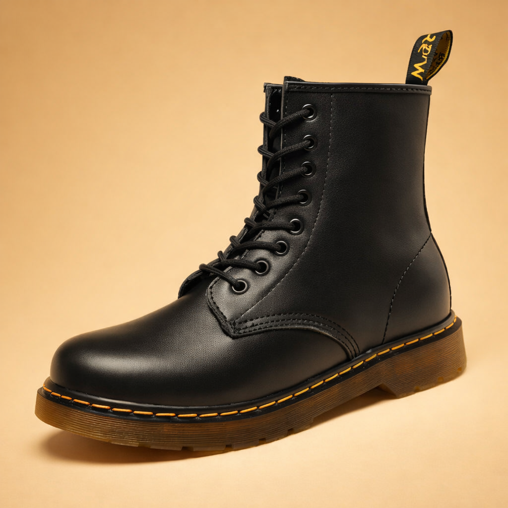 Classic black mens lace-up combat boots, durable for street style & versatile casual wear.