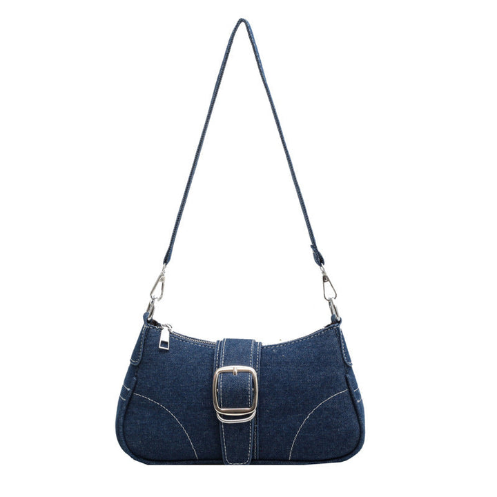 Dark blue women's two-way shoulder handbag featuring a stylish buckle; versatile for everyday fashion.