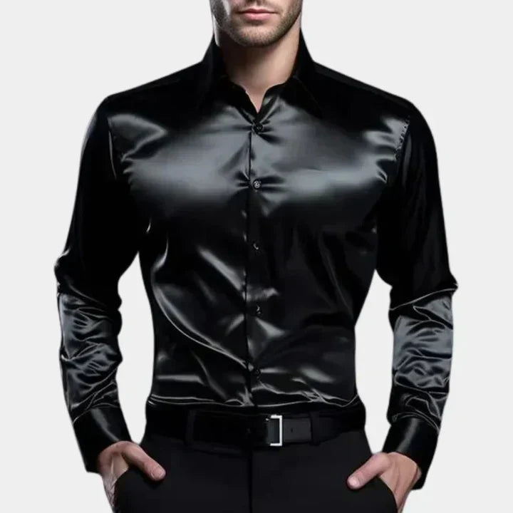"Classic long sleeve men's stretch shirt in premium cotton blend, featuring a timeless collar and button-down front."