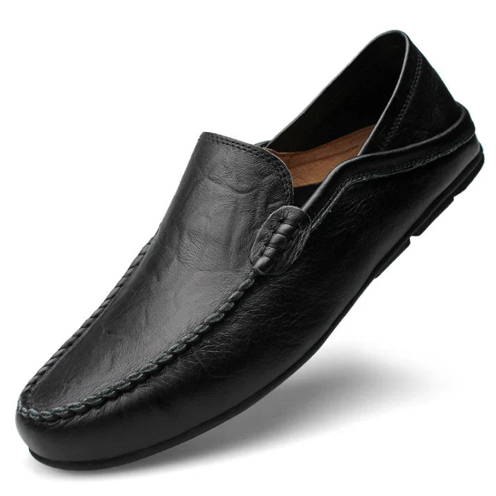 Classic men's black slip-on loafers for work & casual wear. Comfortable, easy-wear professional footwear.