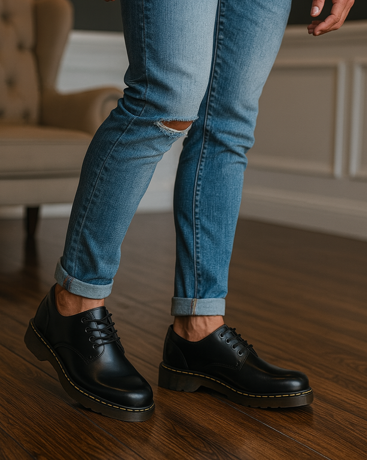 Men's black leather Derby shoes, perfect for dress, casual, or office wear. Stylish, comfortable lace-up everyday shoes.