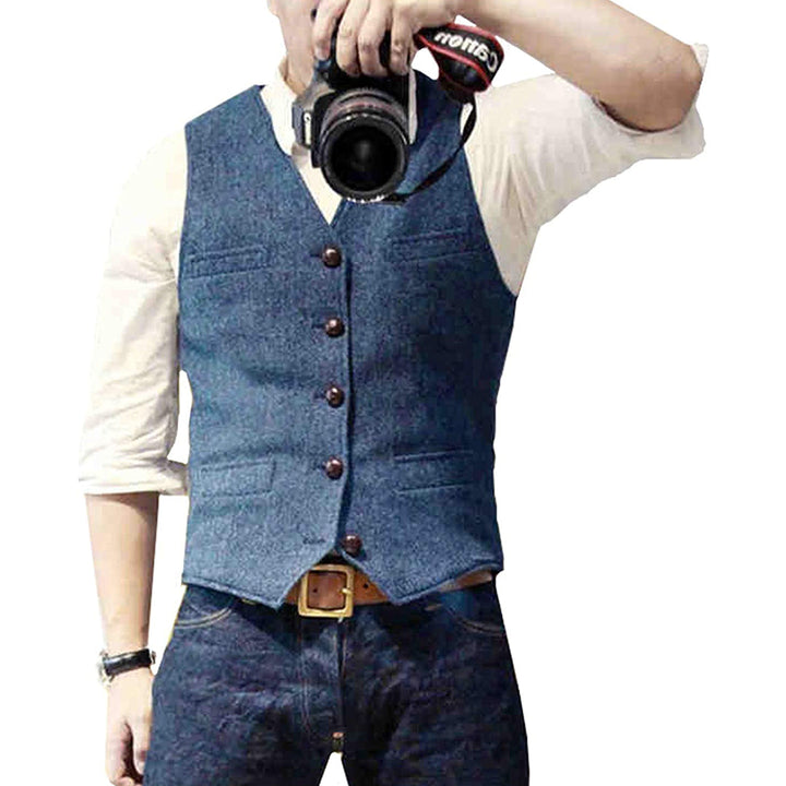 Classic men's denim vest, button-up, for timeless casual layering. Mason brand menswear.