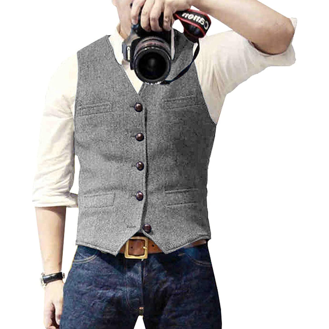 Men's button-up denim vest, classic outerwear for a casual, stylish, and adaptable layering look.