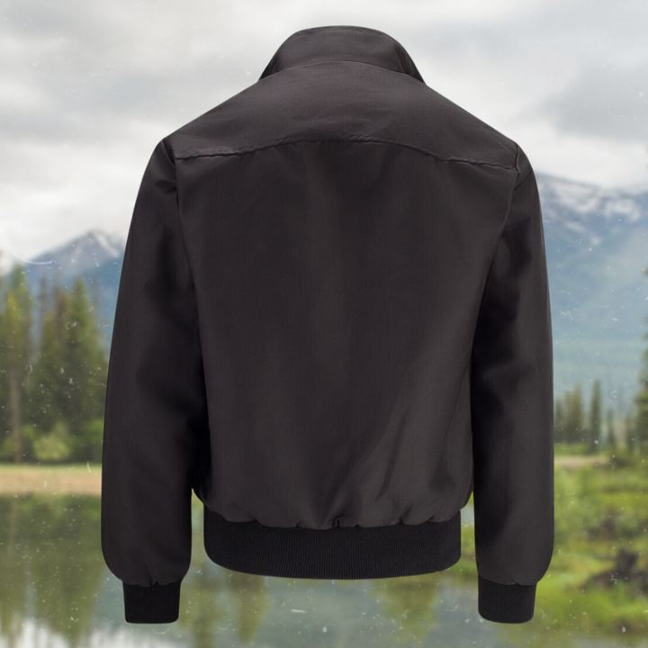 Close-up of the collar on a Men's Classic Harrington Jacket, emphasizing quality and timeless design.
