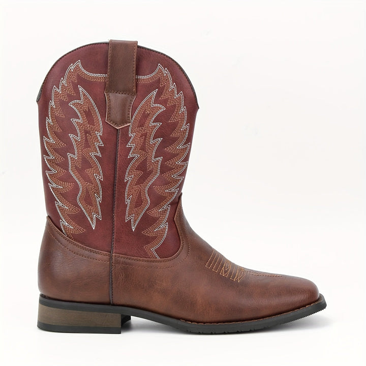 Classic men's western cowboy boots, mid-calf style. Rugged men's footwear with a pointed toe.