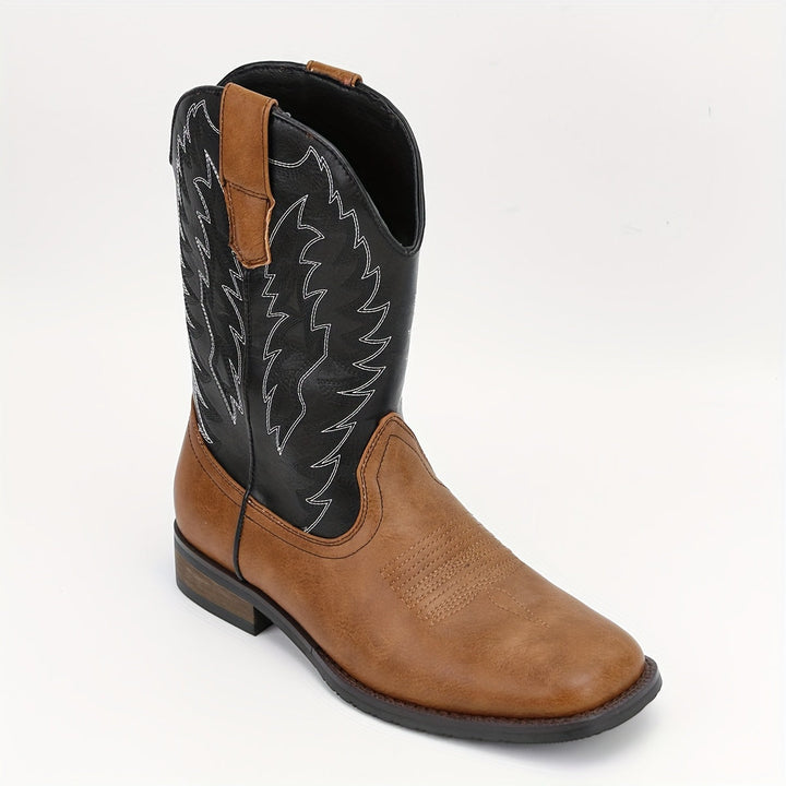 Comfortable classic men's mid-calf western cowboy boots, low heel design for all-day wear.