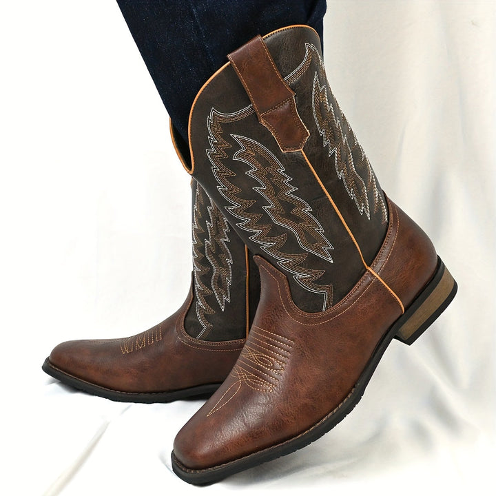 Premium men's classic mid-calf western cowboy boots, featuring authentic rugged style & durability.
