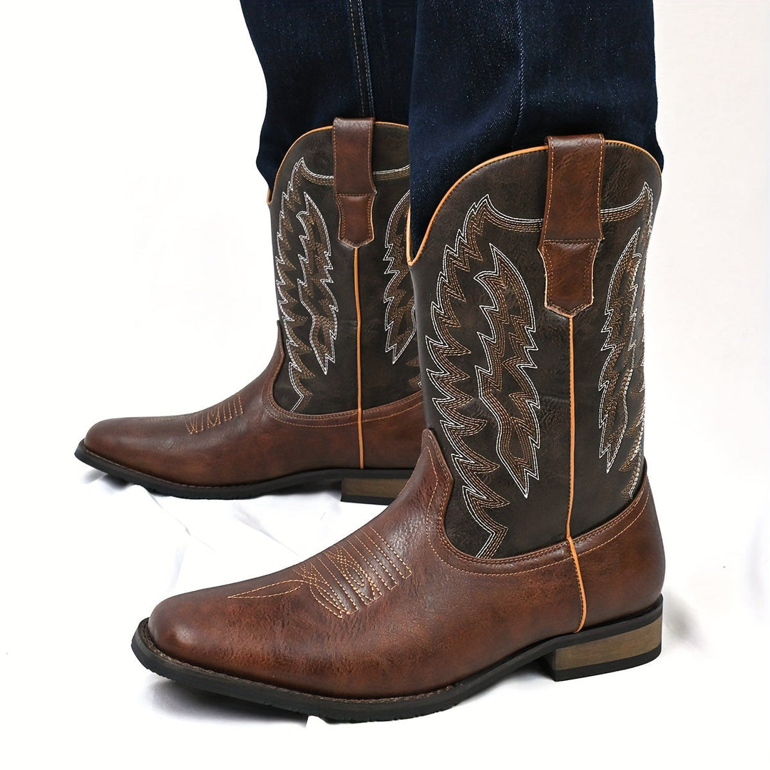 Men's classic mid-calf western cowboy boots: pointed toe, low heel, durable fashion footwear.