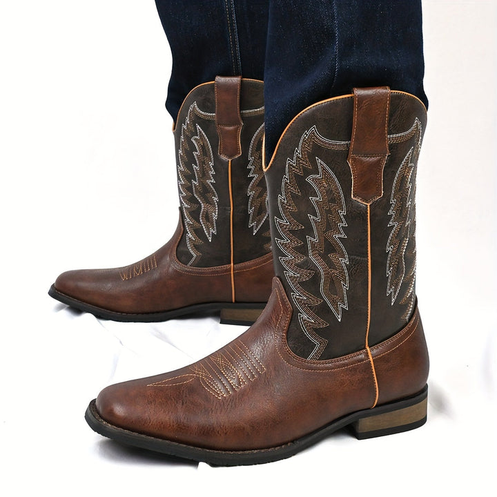 Men's classic mid-calf western cowboy boots: pointed toe, low heel, durable fashion footwear.