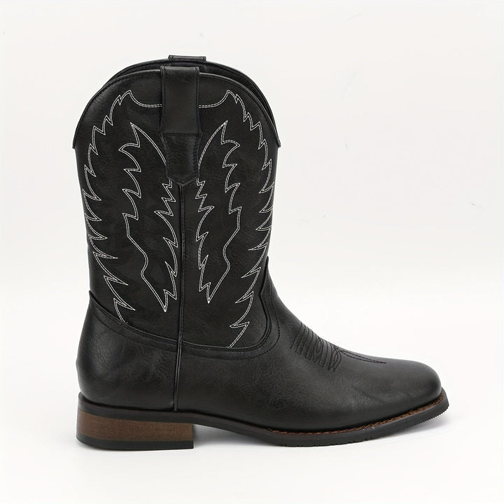 Mid-calf men's cowboy boots featuring a pointed toe and low heel. Essential classic western wear.