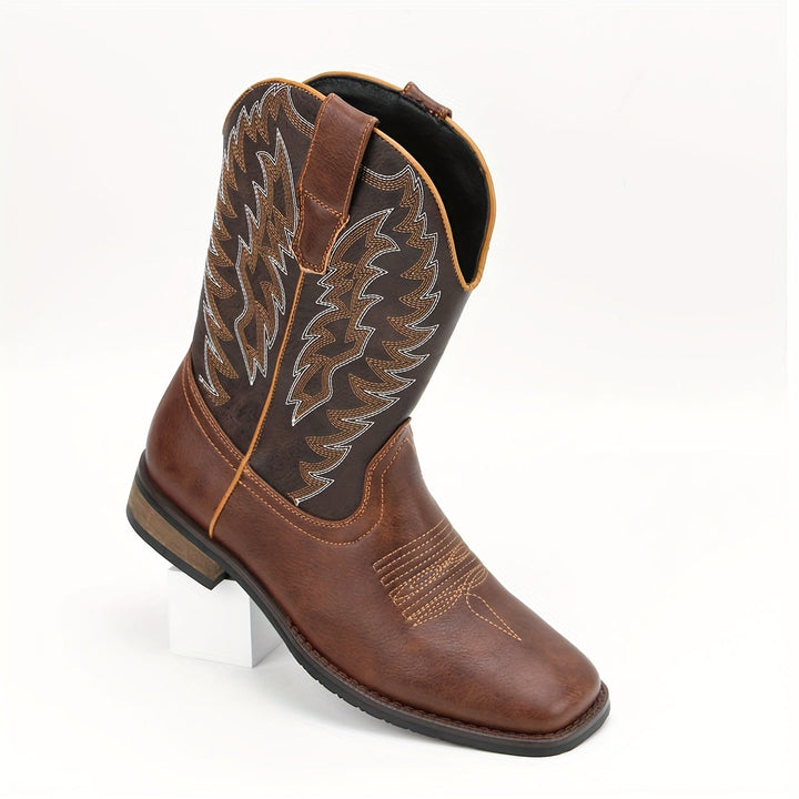 Classic men's mid-calf western cowboy boots with pointed toe & low heel. Ideal rugged style.