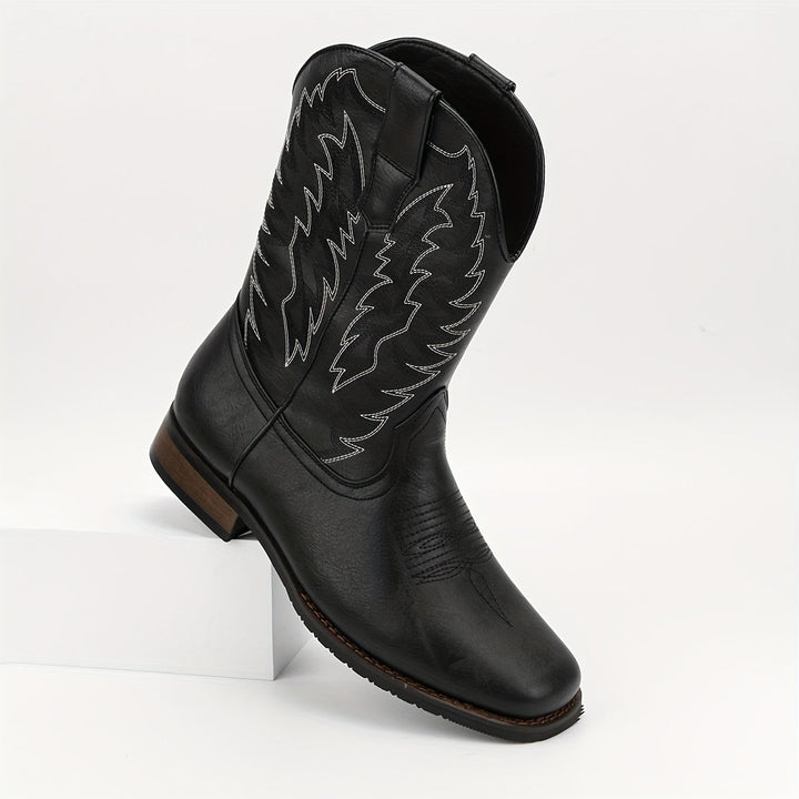 Men's rugged mid-calf cowboy boots, featuring a classic western design & durable construction.