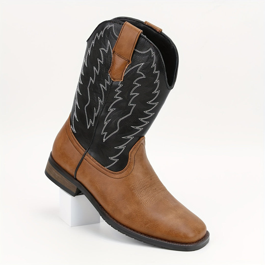 Authentic men's mid-calf western boots, classic cowboy style, suitable for any casual occasion.