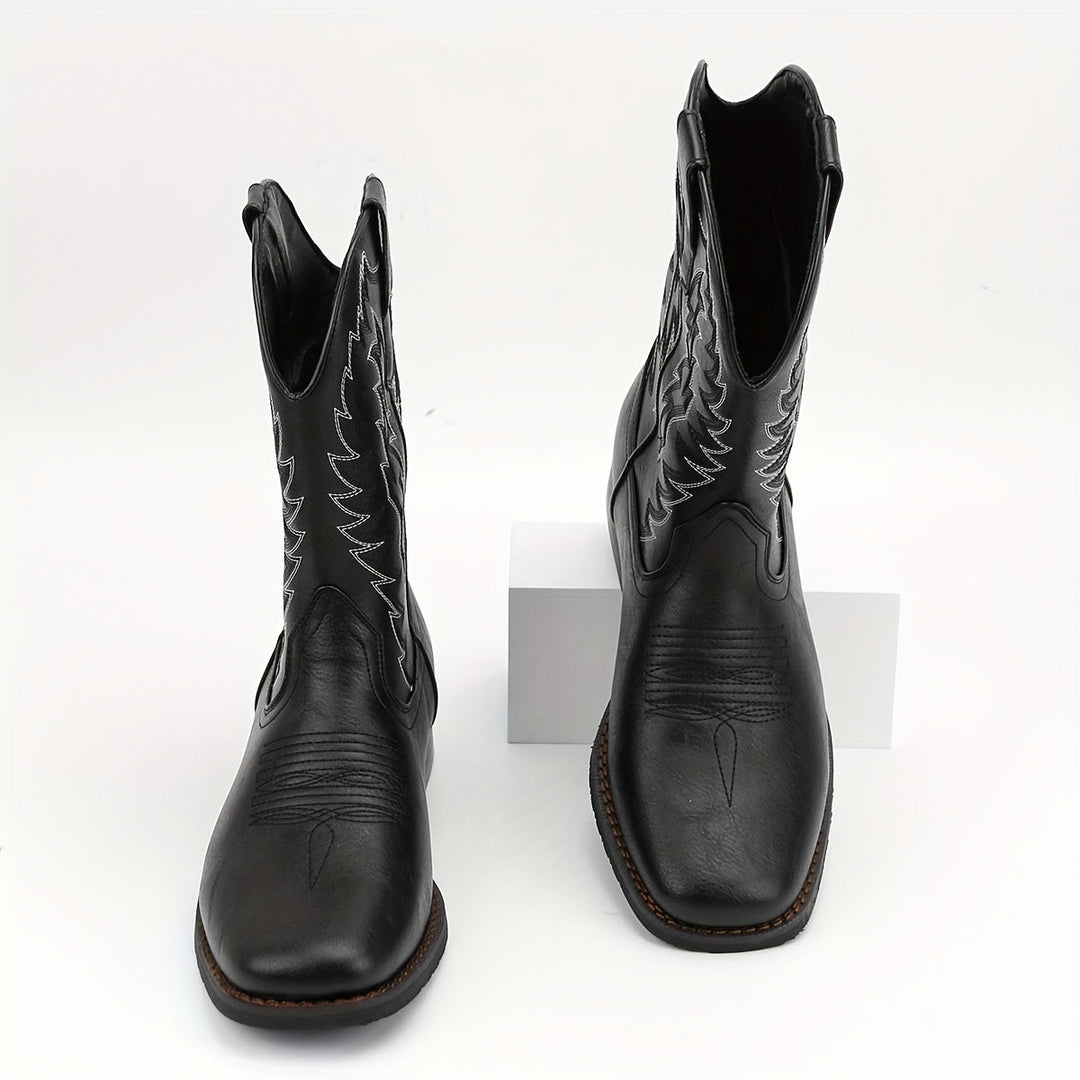Men's durable mid-calf cowboy boots, classic western style with a pointed toe for rugged look.