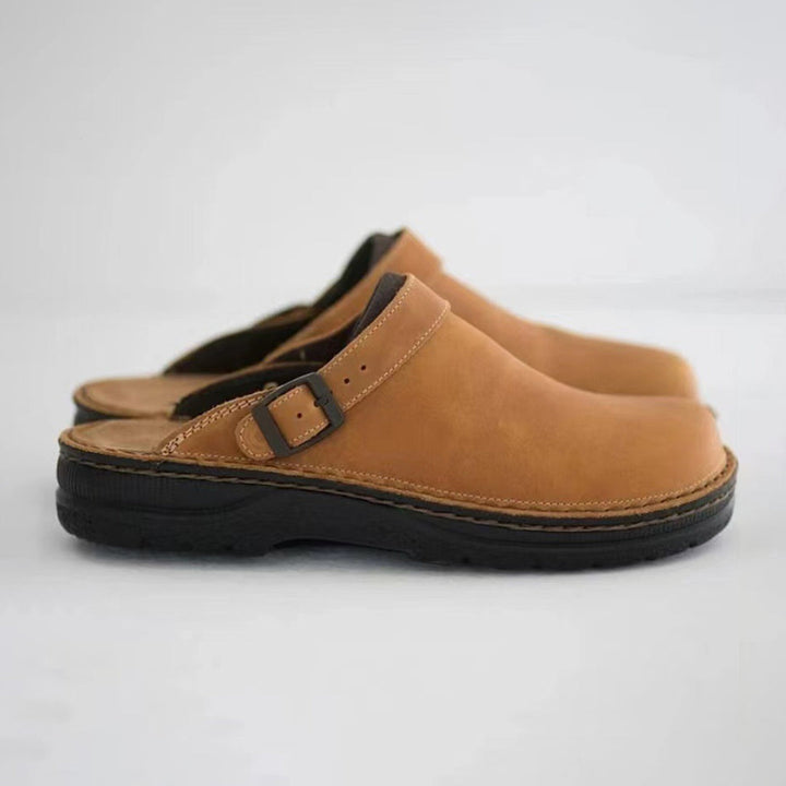 Classic Victor men's leather slip-on slippers in brown, perfect for ultimate indoor & outdoor comfort & casual wear.
