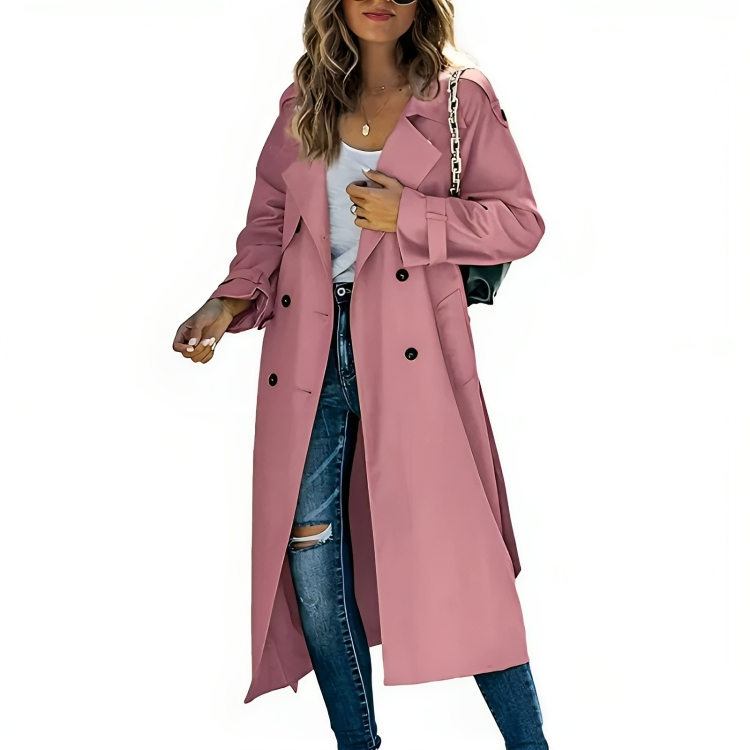 Classic women's trench coat with wide lapels & belted waist. Perfect for spring & autumn outerwear.
