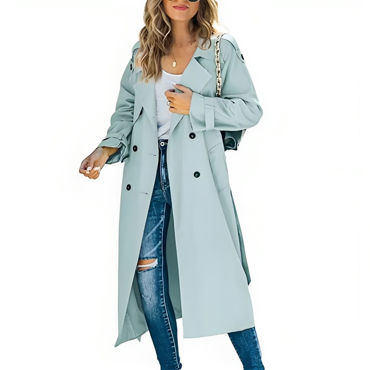 Elegant cotton blend women's long trench coat, ideal for stylish spring or autumn casual & formal wear.