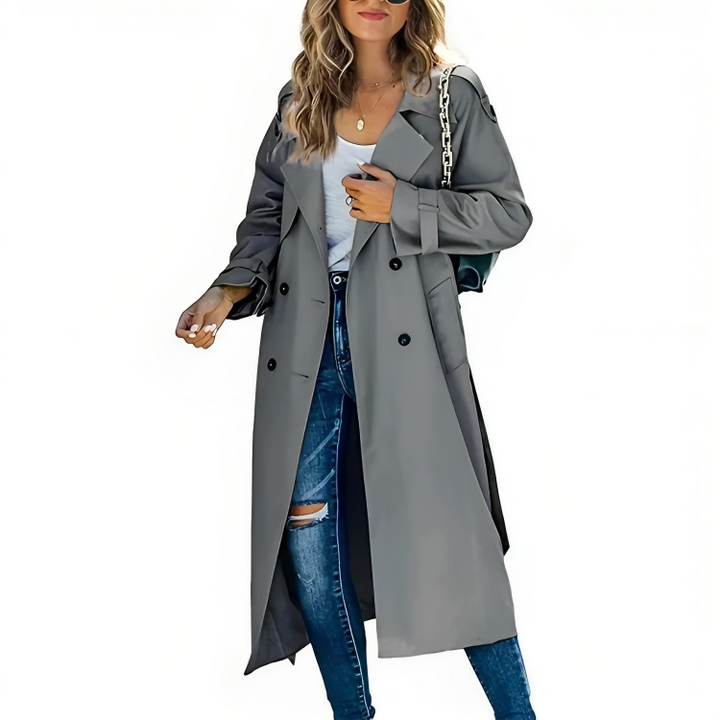 Stylish women's long trench coat with a flattering belt & classic lapel, enhancing any outfit.
