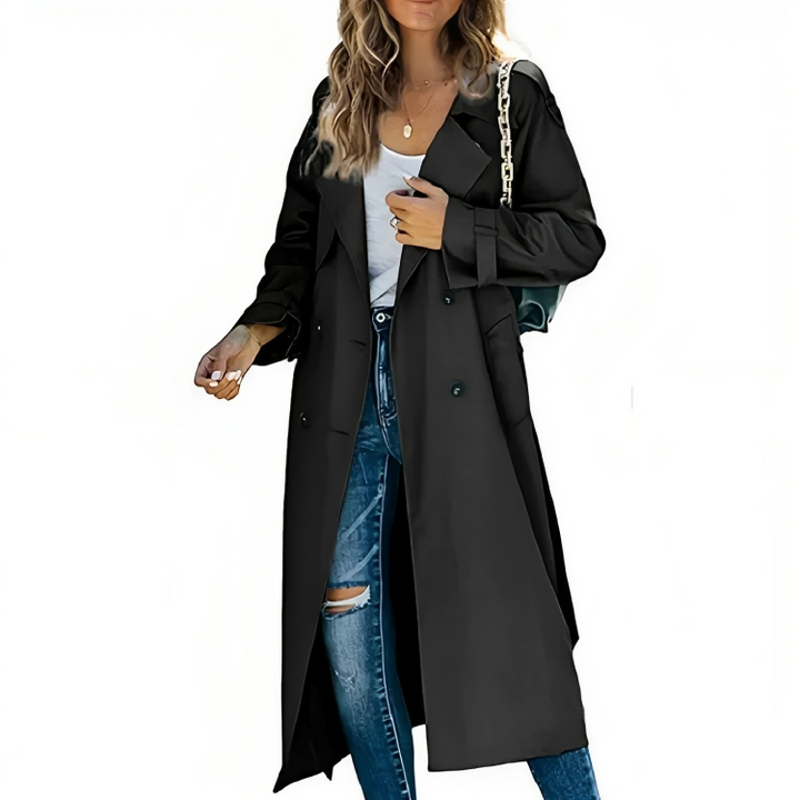 Women's classic lapel trench coat in cotton blend, featuring a belt for a sleek and elegant look.