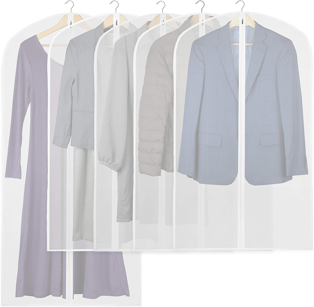 Travel-ready 10-pack of clear garment bags, protecting suits and dresses during transit and storage.