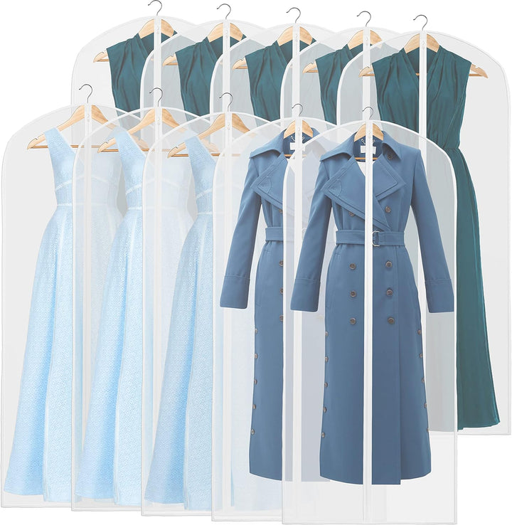 Transparent garment covers (10-pack) for full-length suits and dresses, perfect for wardrobe organization.