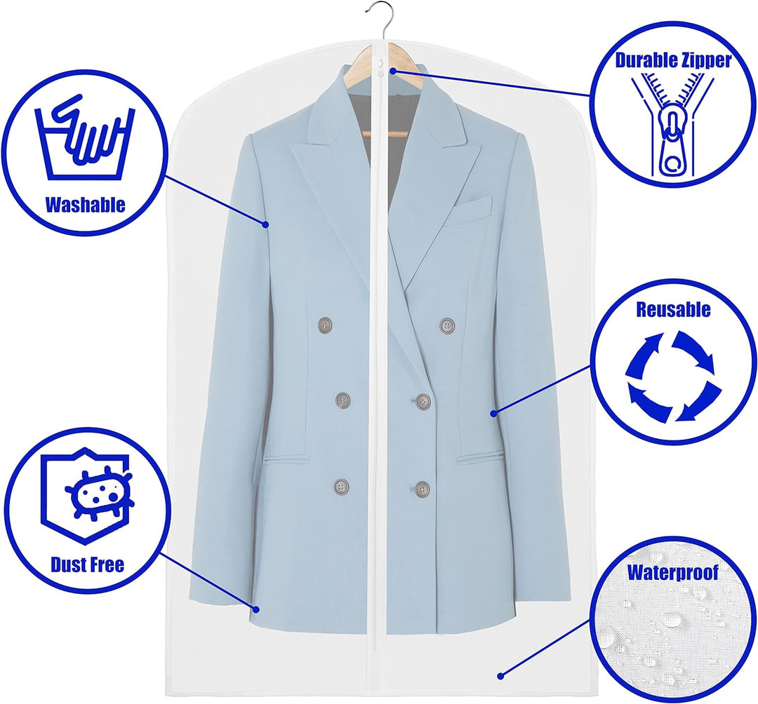 Wardrobe essential: 10 clear full-length garment covers for suits & dresses, easy closet organization.