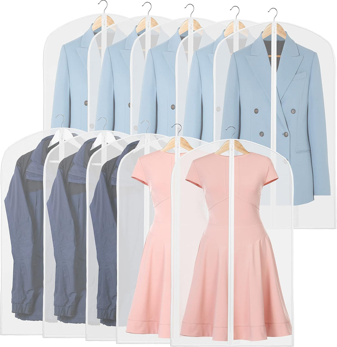 Clear garment storage bags (10-pack) for suits, dresses & other clothing, ideal for closet and travel.