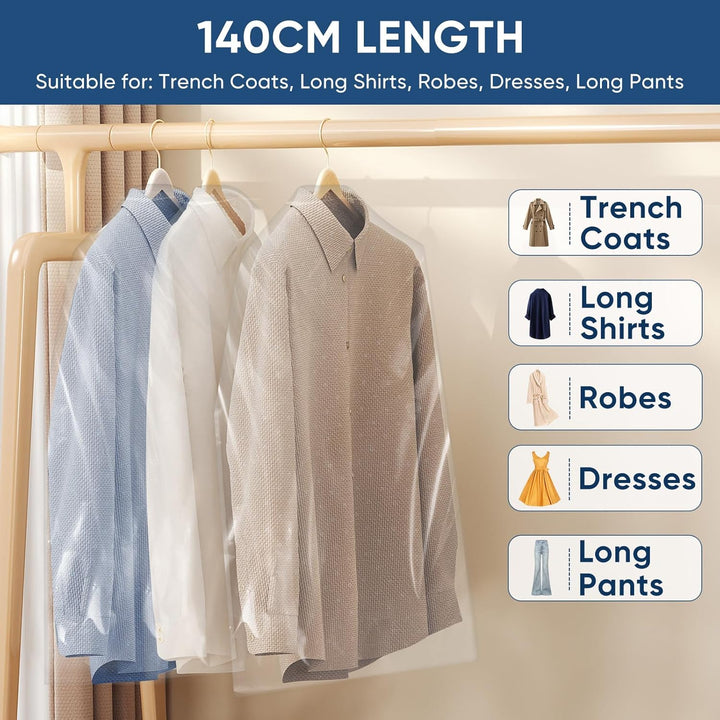 Versatile clear clothing bags for closet storage, travel, and garment protection.