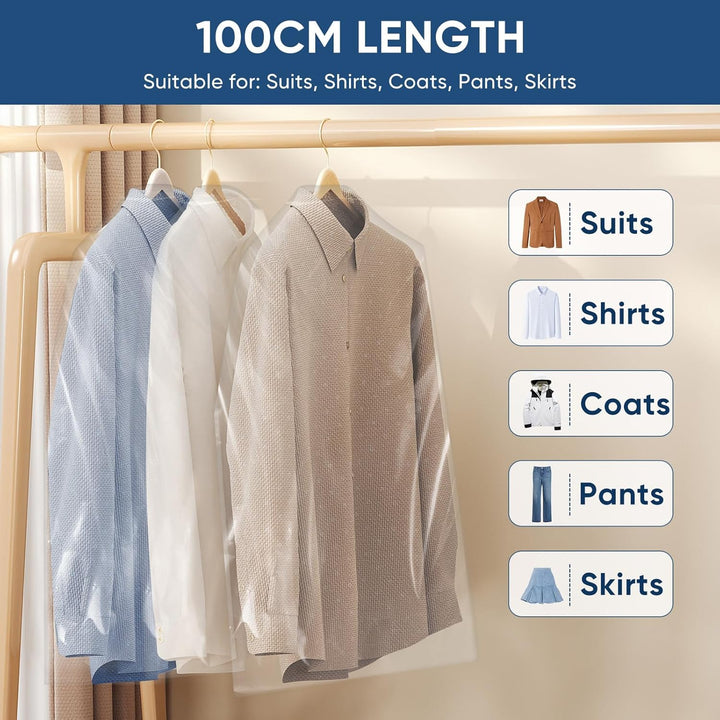 High-quality clear garment bags, 50-pack, for dry cleaning, storage, and moving clothes.