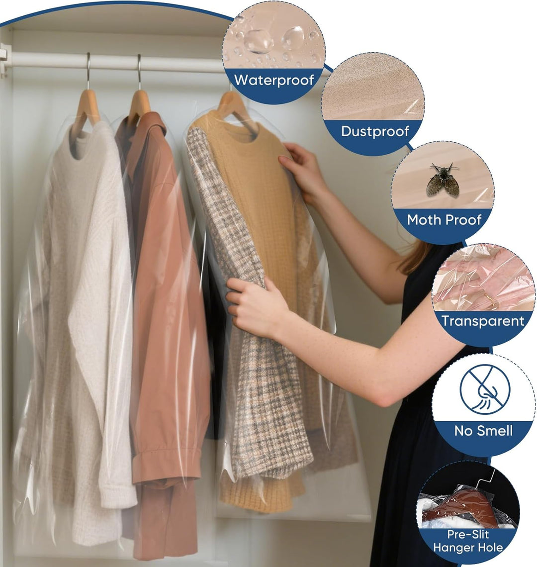 Protective travel garment bags for suits, dresses, coats; ideal for dry cleaning & closet.