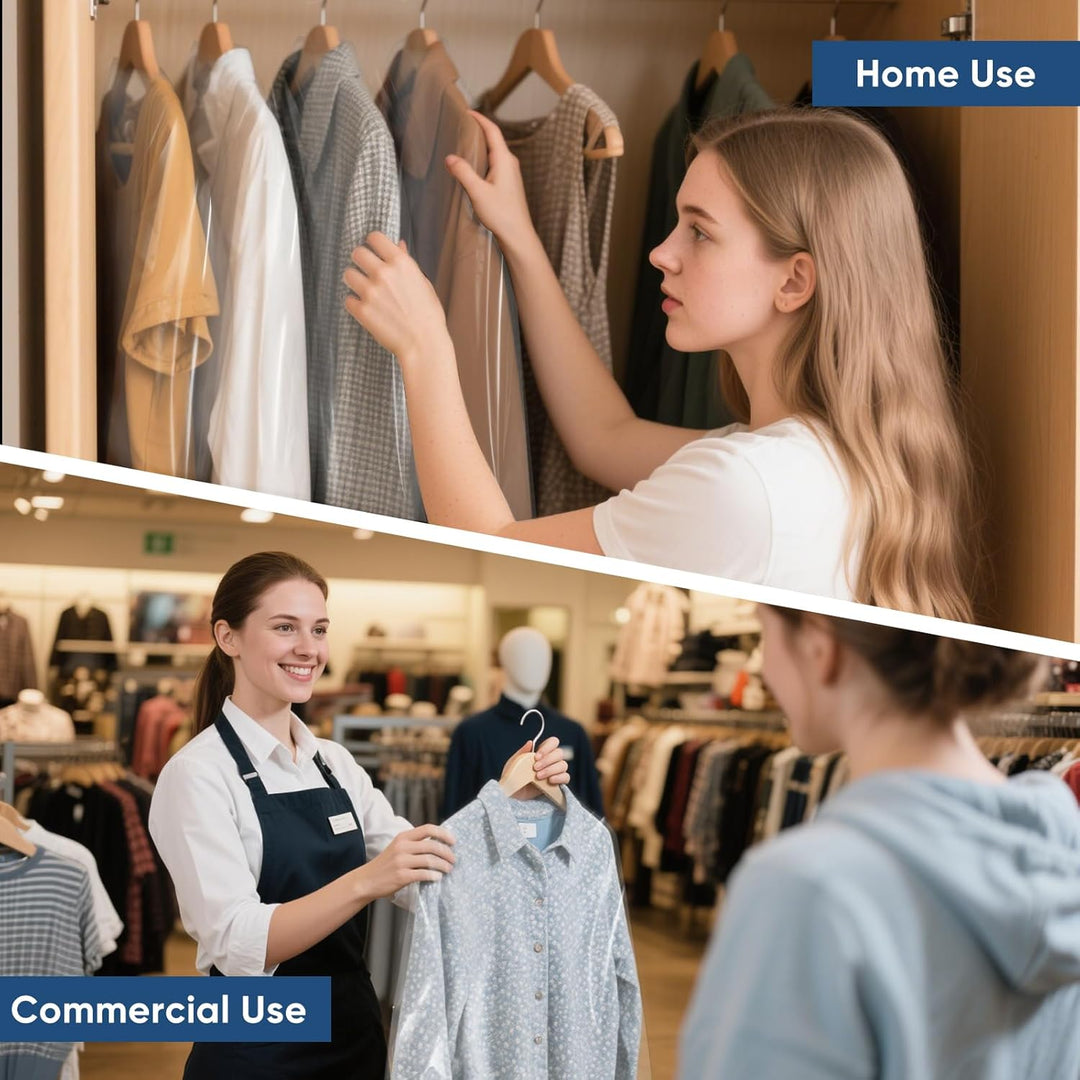 See-through garment covers for closet organization, perfect for suits, shirts, & gowns.