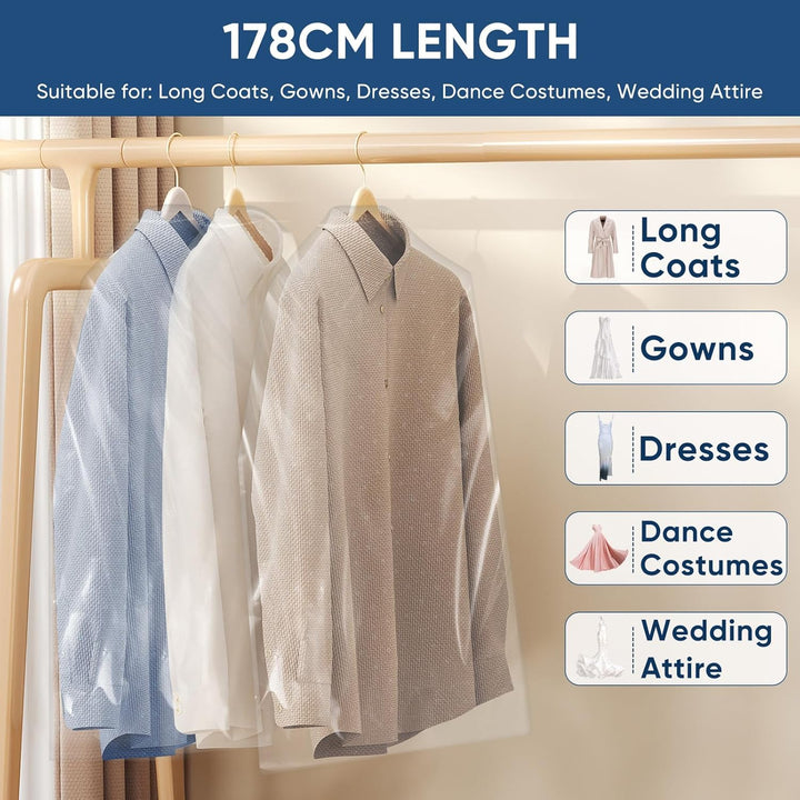 Reusable clear clothes covers, 50-count, for long-term wardrobe storage & protection.