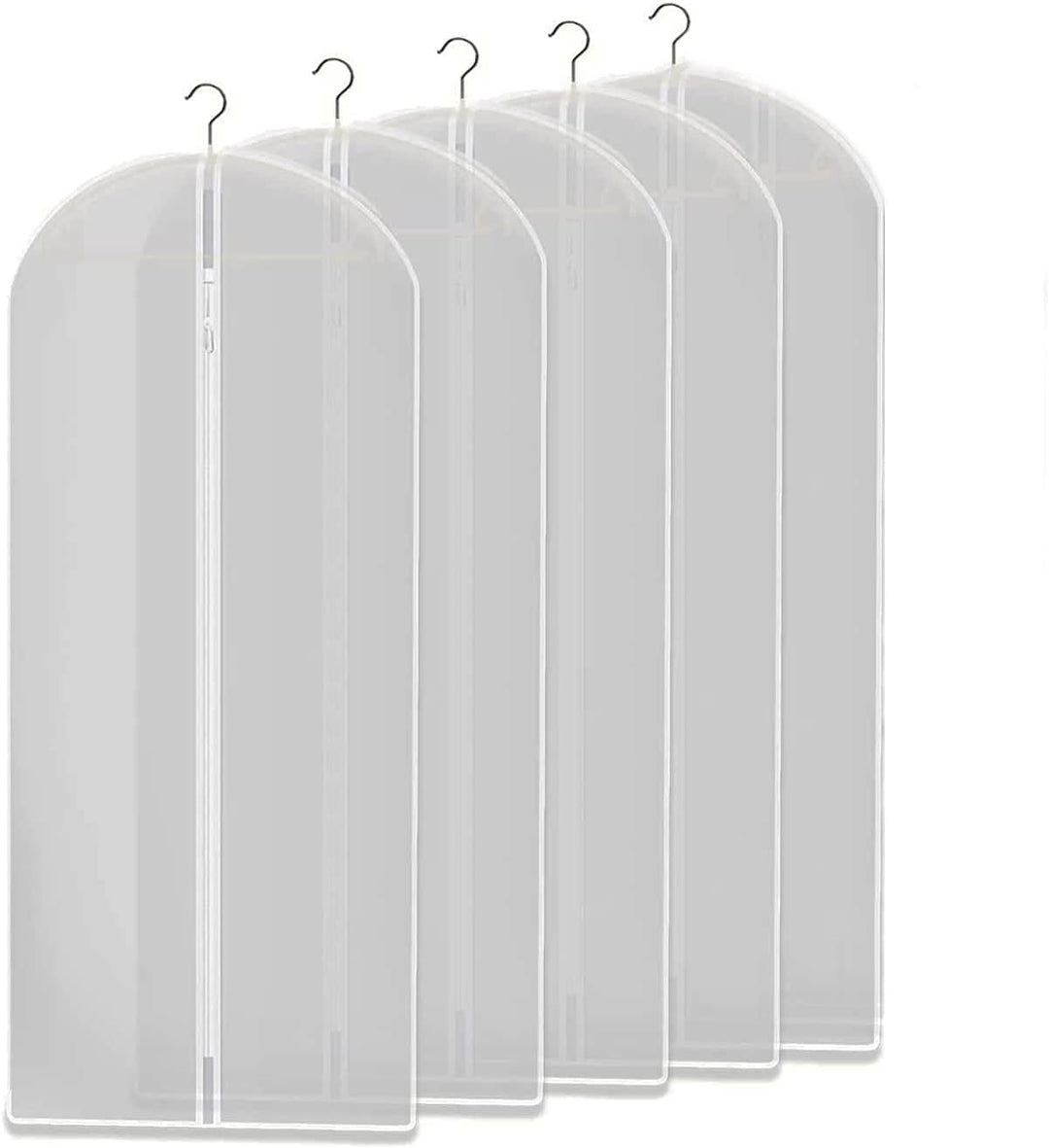 Clear Garment Storage Bags, pack of 5. Reusable, dustproof covers for clothes protection & wardrobe organization.