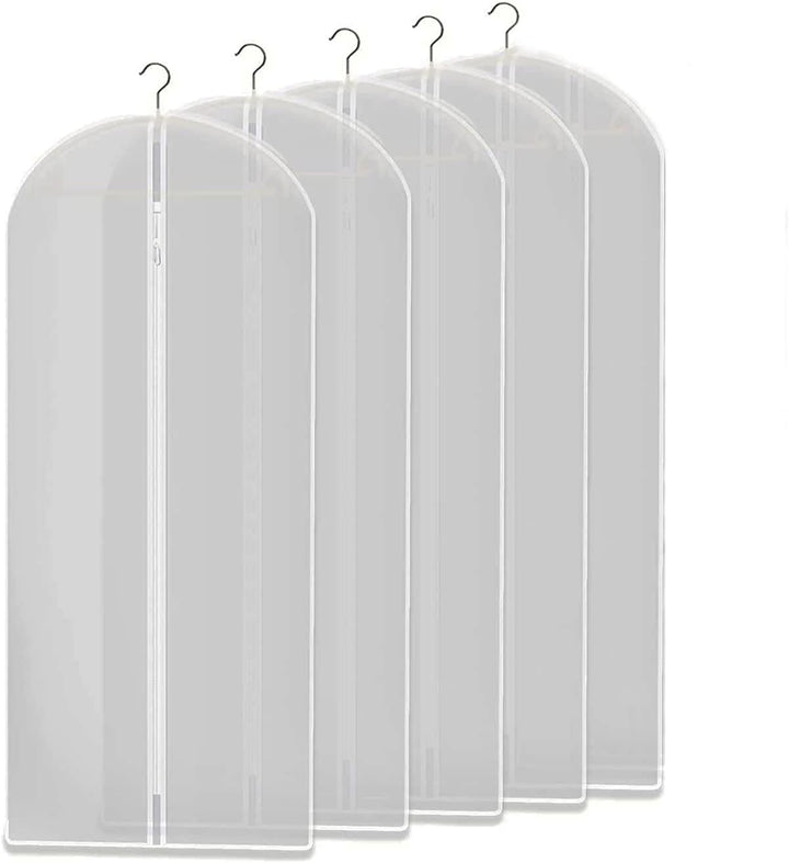 Clear Garment Storage Bags, pack of 5. Reusable, dustproof covers for clothes protection & wardrobe organization.