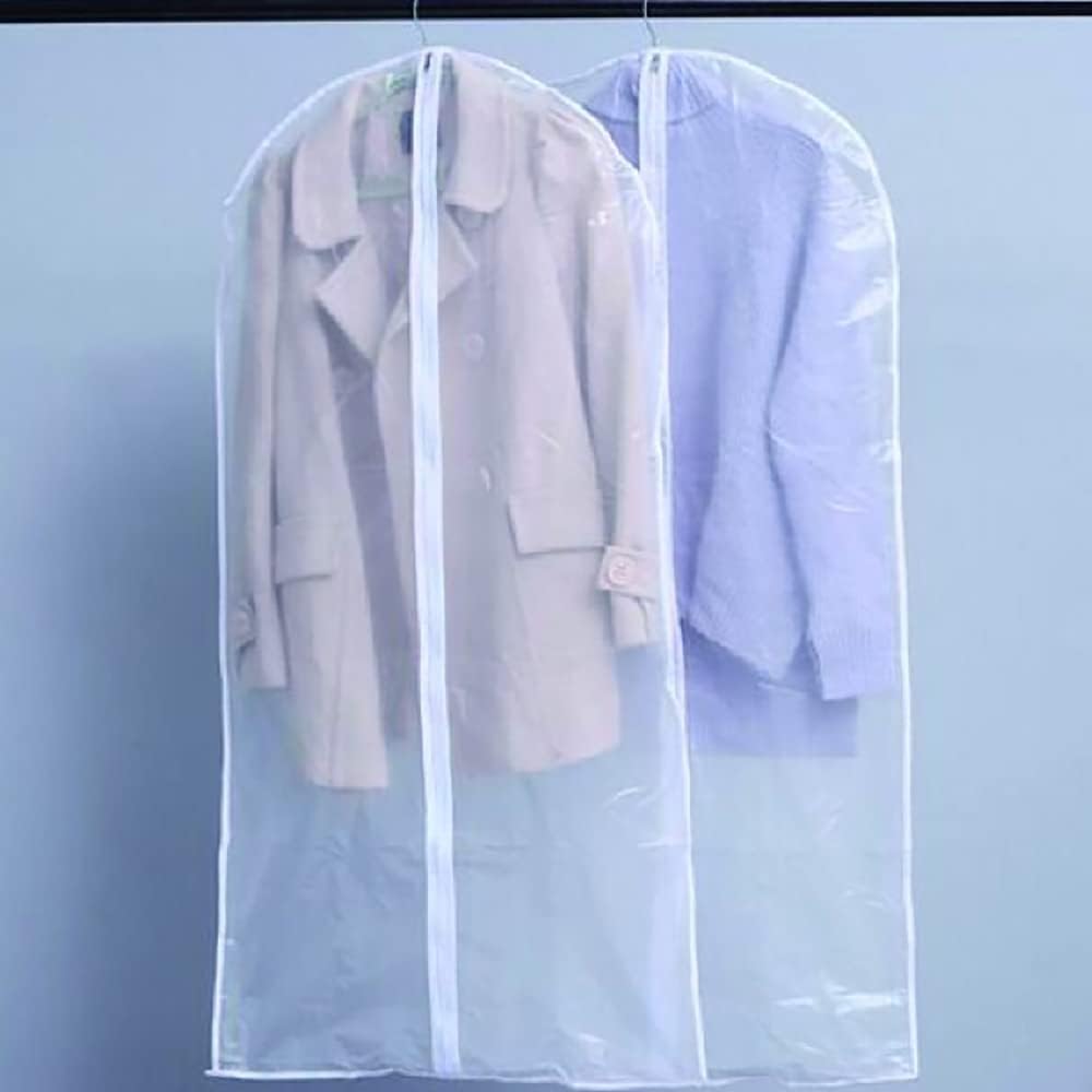 Transparent garment bags protect clothes from dust & wrinkles. Ideal for closet organization, travel, and seasonal clothing storage.