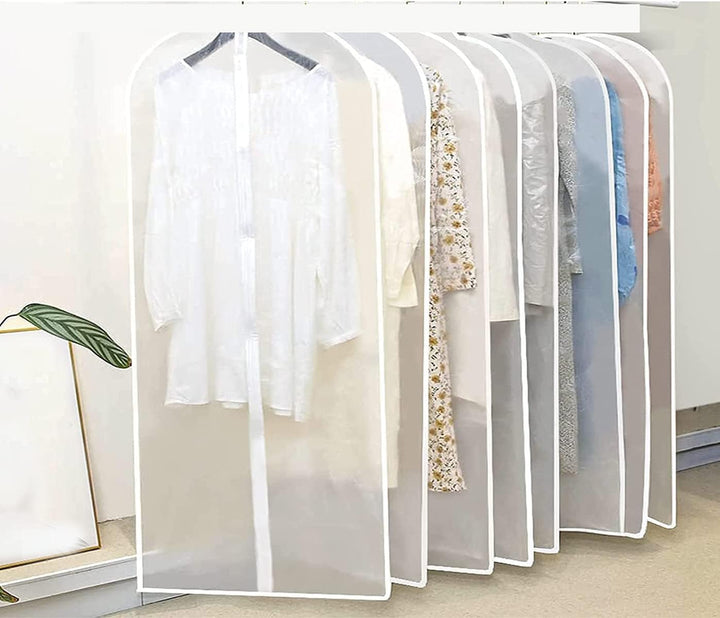 Pack of 5 clear, breathable apparel covers for dustproof clothes storage. Perfect for home organization & garment protection.