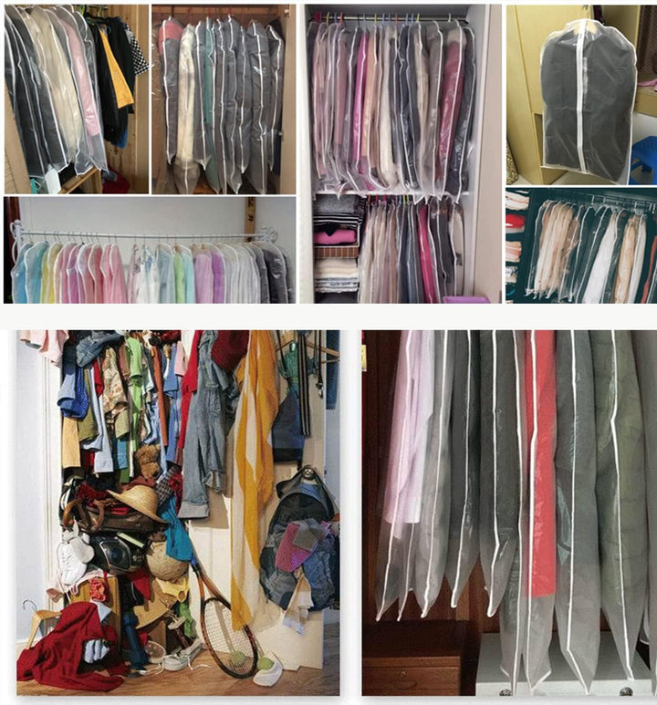 Reusable clear wardrobe organizer bags keep suits, dresses, and coats dust-free. Essential for home & travel clothing protection.