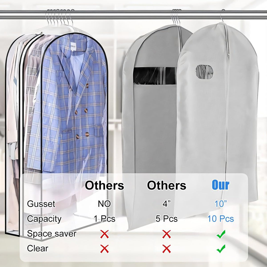 Closet organizer: clear garment bags with side zipper for dust-proof clothing storage & protection.