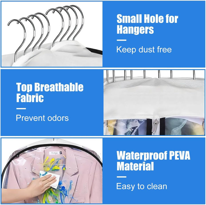 Home organization solution: clear garment covers (6-pack) for dust-free clothes protection.