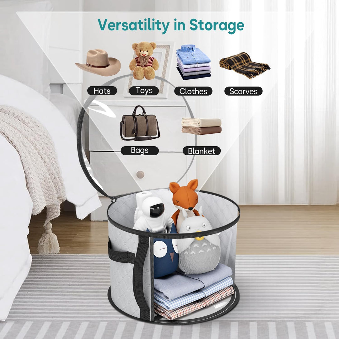 Protect wide-brim hats in this clear, dustproof storage case. Foldable organizer with handles for easy access.