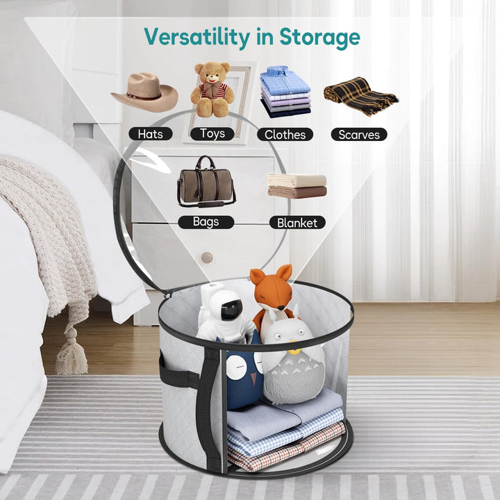 Protect wide-brim hats in this clear, dustproof storage case. Foldable organizer with handles for easy access.
